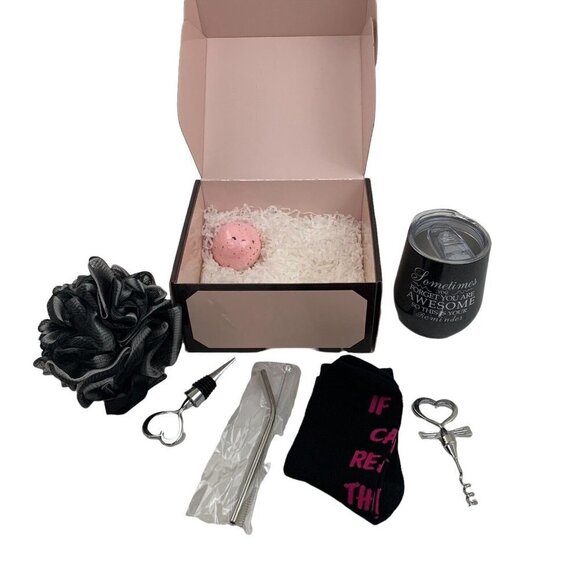 Wine Gift Box Set "You are awesome" w. Wine Cup, Bath Bombs, Loofa, Metal Straw - Picture 1 of 8